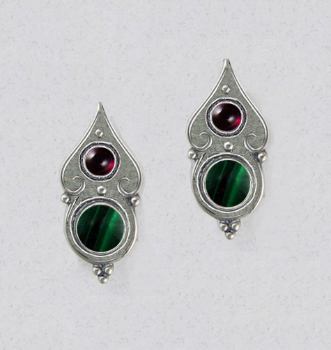 Sterling Silver Gothic Look Post Stud Earrings With Malachite And Garnet